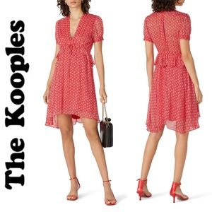 THE KOOPLES SHORT LIGHT DRESS Red Floral Print Empire Waist High Low Hem 2 M